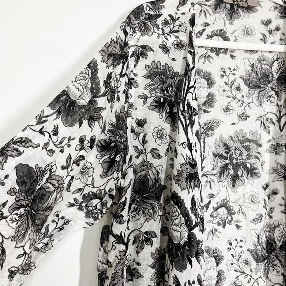 FLAX Black White Floral Linen Lightweight Jacket Sz L Drip Waterfall Front /Tie - Picture 4 of 11